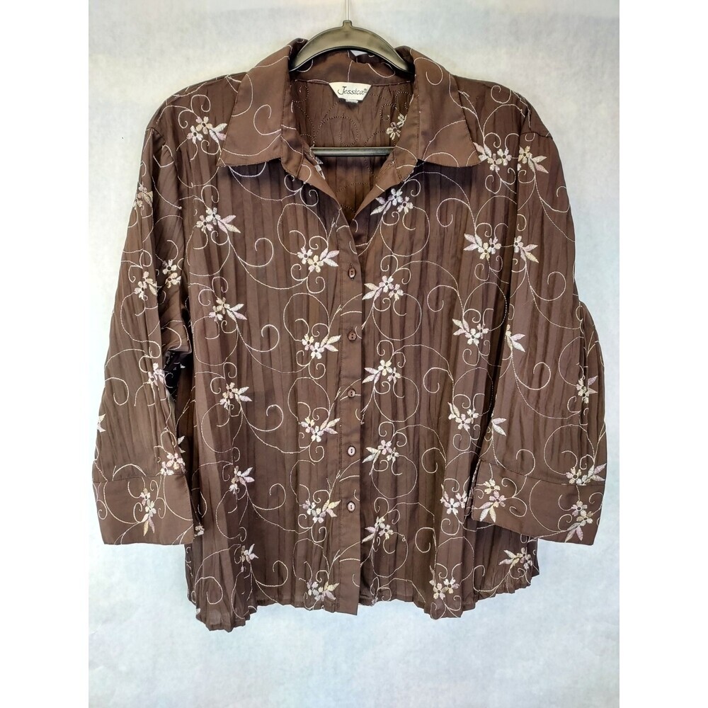Jessica Embroidered Button Up Shirt Women's XL Brown Crepe Fairy Boho Coastal